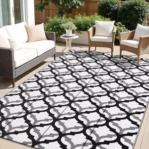 OLANLY Outdoor Rug Waterproof 5x8 ft, Reversible Plastic Straw Rug B & W
